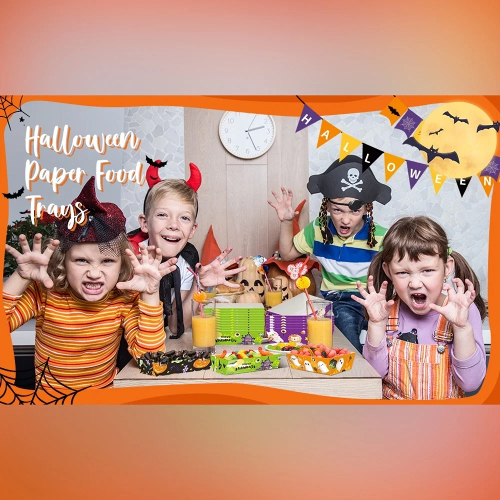 WorldBazaar Halloween Paper Food Trays 60PCS Disposable Party Treat Snack Holder